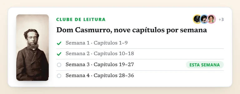 Cronograma de um clube de leitura de Dom Casmurro: nove capitulos por semana, duas semanas ja lidas, e os rostos dos seis amigos