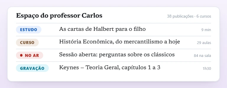 O espaco do professor Carlos, com quatro tipos de produto — estudo, curso, uma sessao no ar agora e uma gravacao